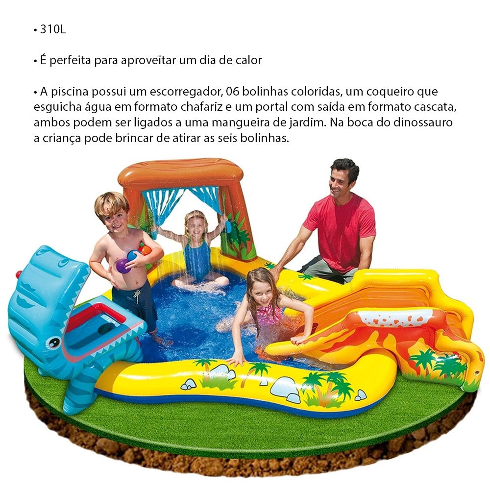 Piscina Infantil Inflável Playground Dinossauro 310 Litros Intex Com Bomba de Ar Manual