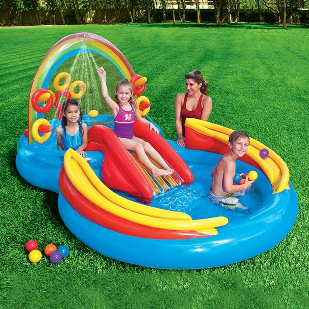 Piscina Infantil Inflável Escorregador Arco Iris 227 Litros Intex Com Bomba de Ar Manual
