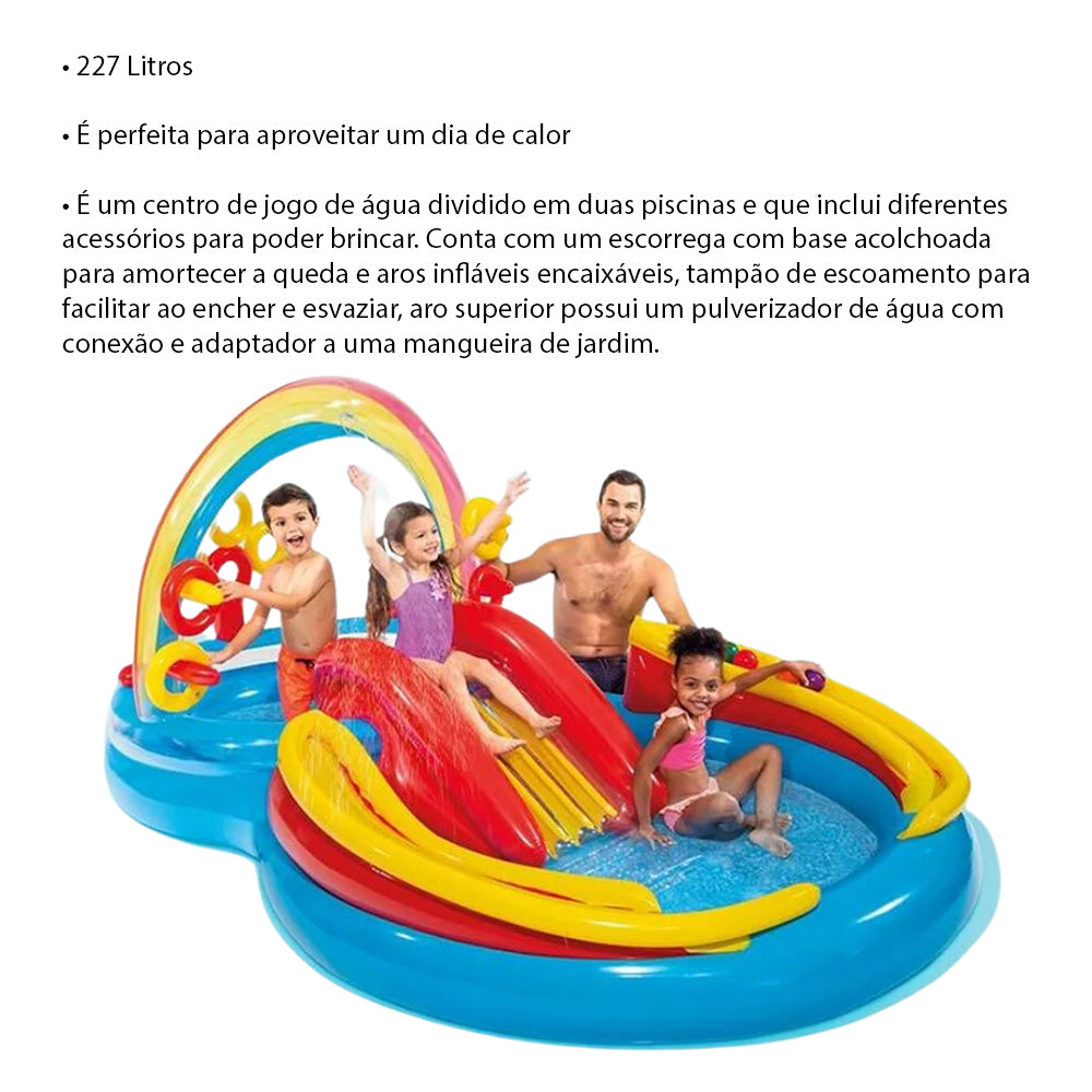 Piscina Infantil Inflável Escorregador Arco Iris 227 Litros Intex Com Bomba de Ar Manual