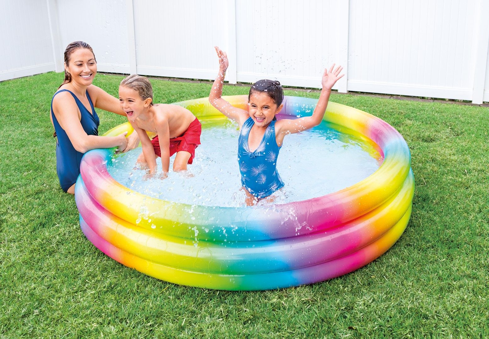 Piscina Infantil Inflável Arco Iris 330 Litros Com Inflador Fole de Pé Grande Intex