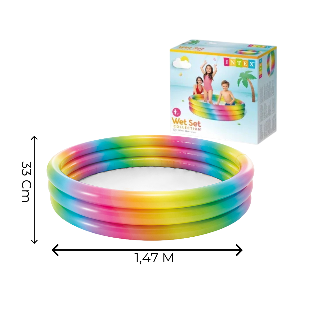 Piscina Infantil Inflável Arco Iris 330 Litros Com Inflador Fole de Pé Grande Intex