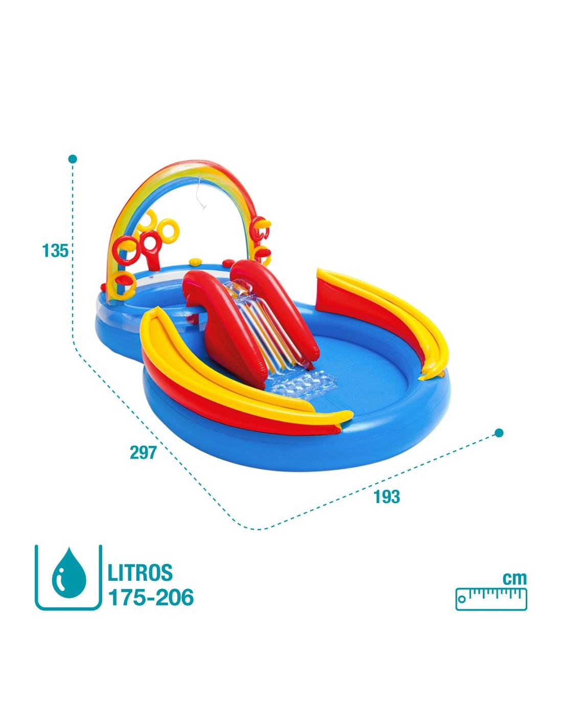 Piscina Infantil Inflável Arco Iris Tobogã 227 Litros Com Fole de Pé Inflador Grande Intex