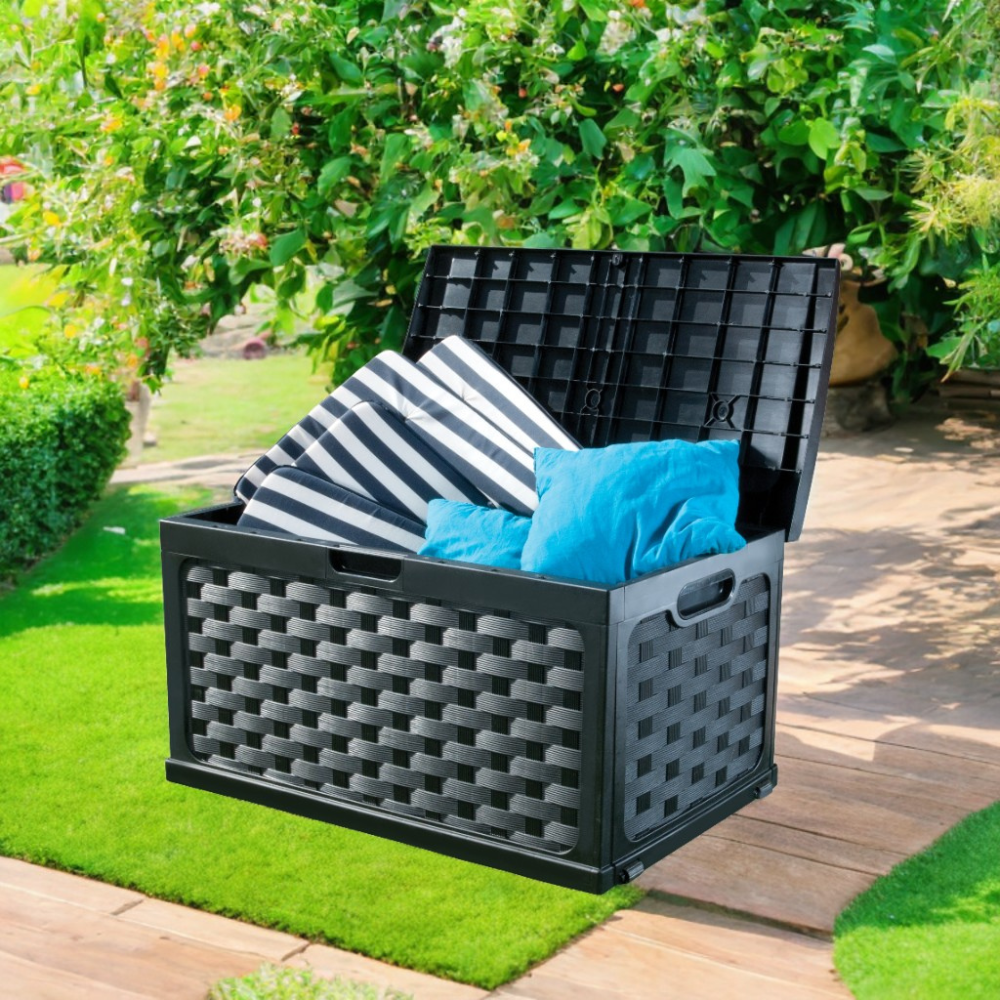 Bau Caixa Organizadora Multiuso e Banco Plástico 2 Pessoas Rattan 335 Litros Preto Starplast