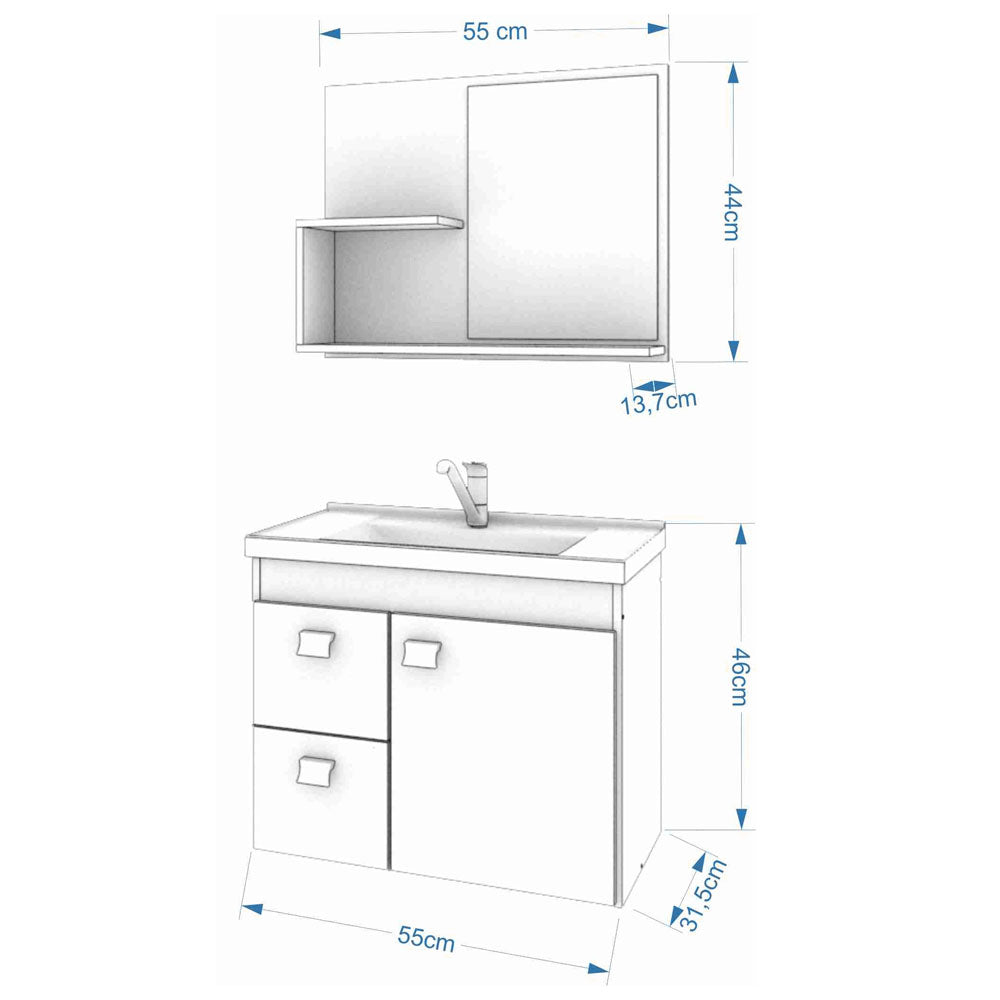 Conjunto Gabinete Suspenso para Banheiro com 1 Porta e 2 Gavetas Amendoa/branco Isa Mgm Móveis