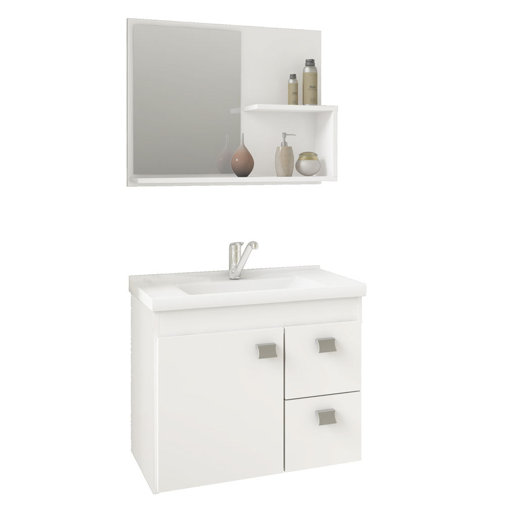 Conjunto Gabinete Suspenso para Banheiro com 1 Porta e 2 Gavetas Amendoa/off White Isa Mgm Móveis