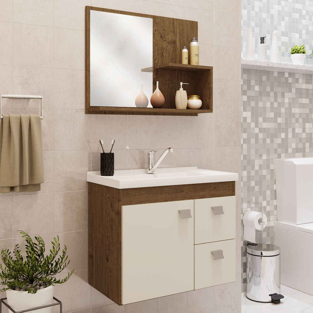Conjunto Gabinete Suspenso para Banheiro com 1 Porta e 2 Gavetas Amendoa/off White Isa Mgm Móveis
