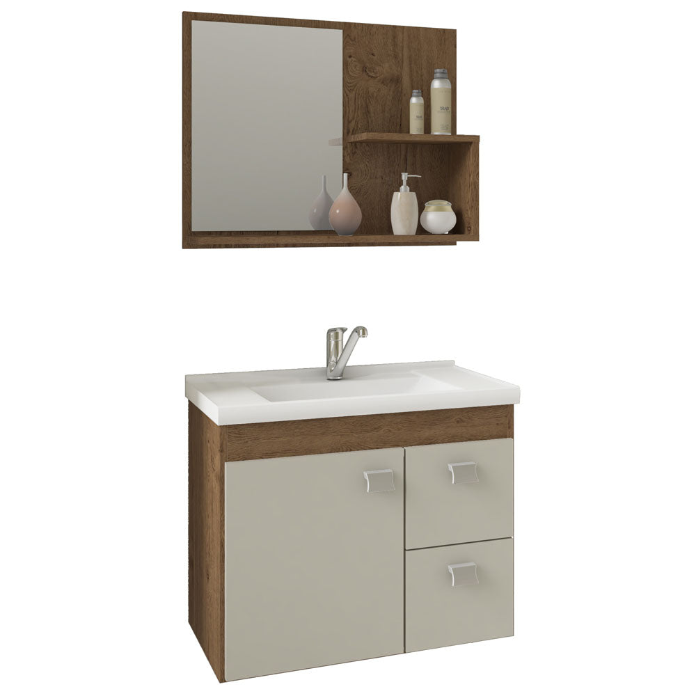 Conjunto Gabinete Suspenso para Banheiro com 1 Porta e 2 Gavetas Amendoa/off White Isa Mgm Móveis