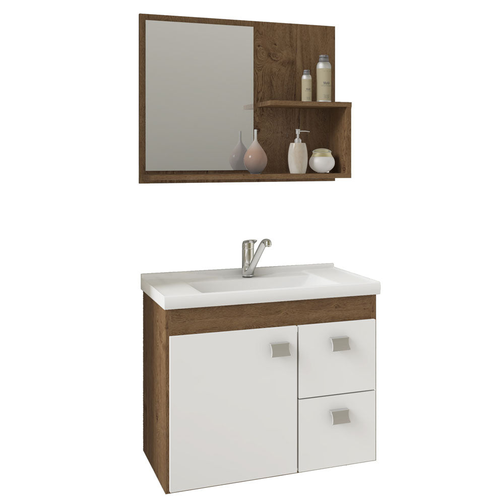 Conjunto Gabinete Suspenso para Banheiro com 1 Porta e 2 Gavetas Amendoa/off White Isa Mgm Móveis