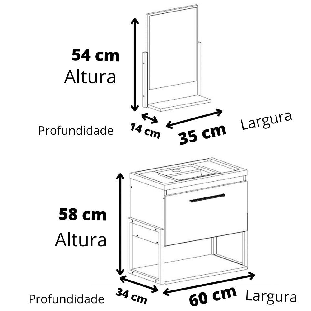 Gabinete Suspenso P/banheiro Completo C/ Espelheira 1 Porta Metalon Titânio Mgm