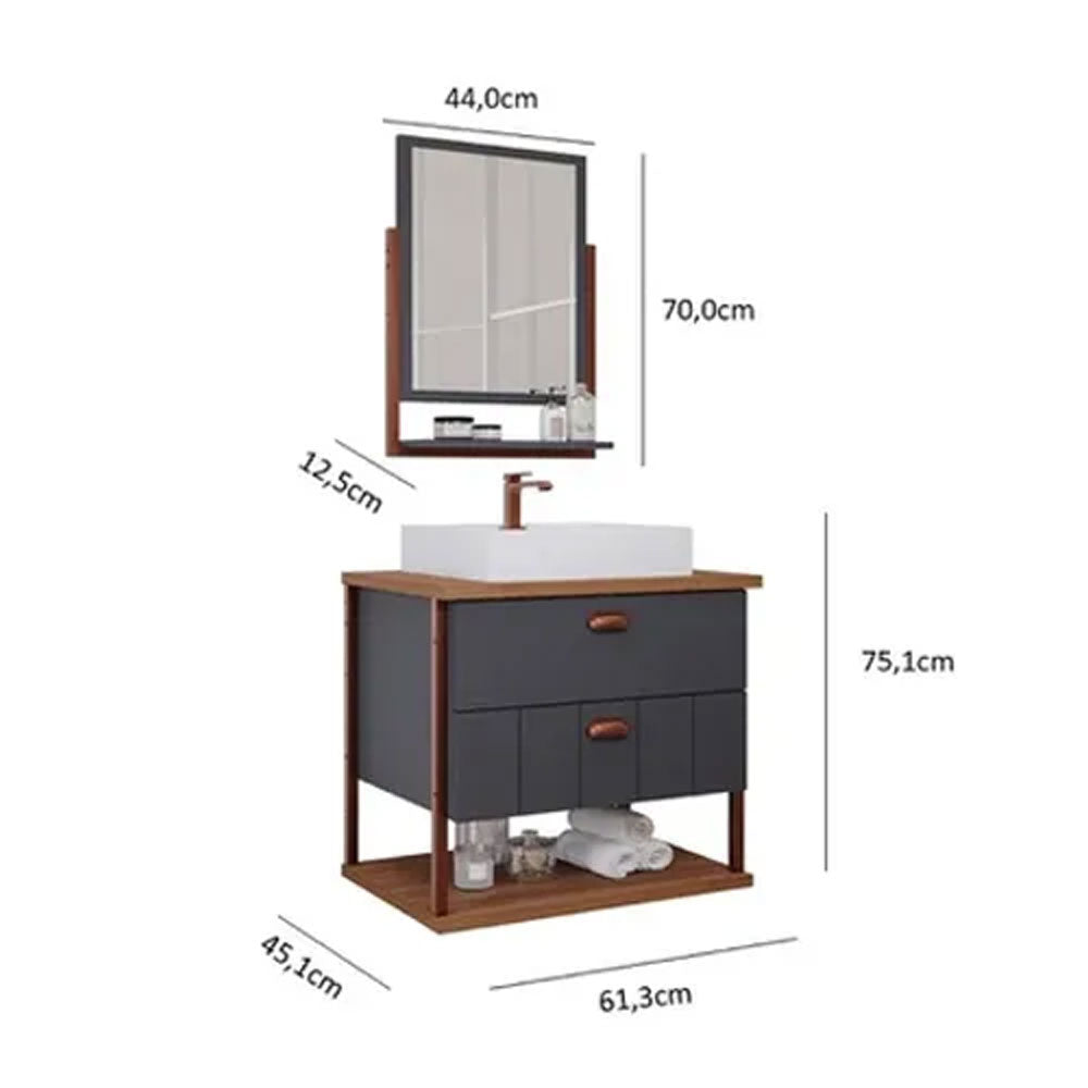 Conjunto Gabinete para Banheiro Uni com Espelheira 60cm Titanium/freijo Mgm