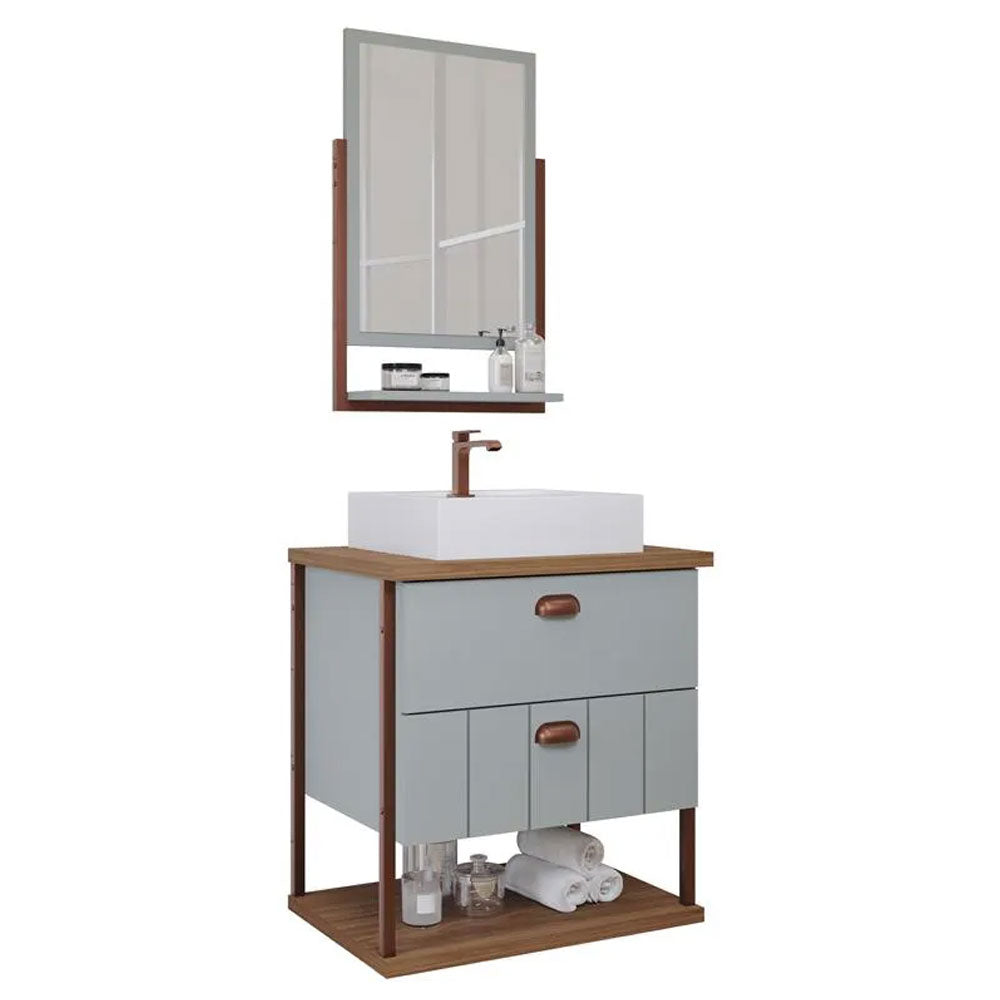Conjunto Gabinete para Banheiro Uni com Espelheira 60cm Cimento/freijo Mgm