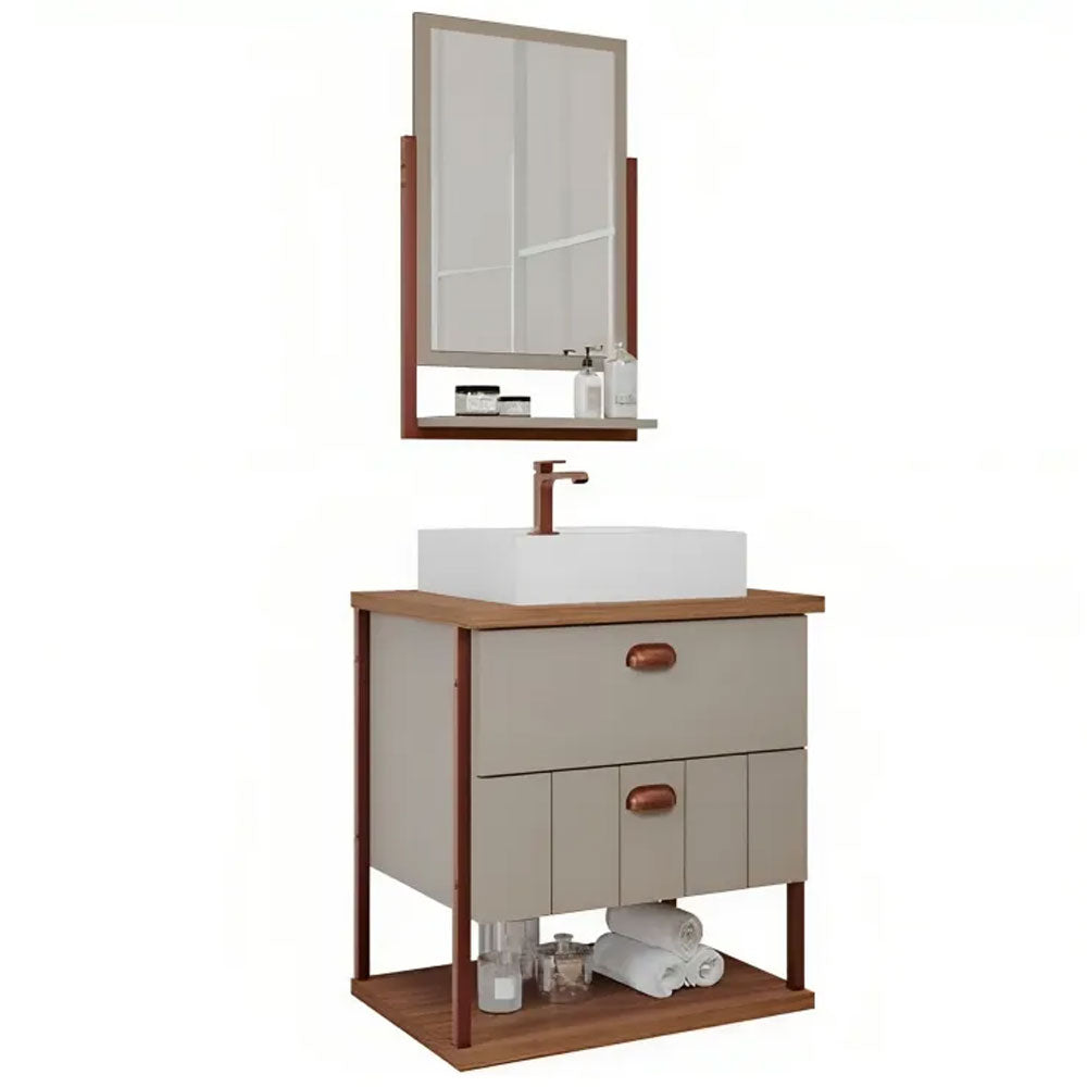Conjunto Gabinete para Banheiro Uni com Espelheira 60cm Cimento/freijo Mgm