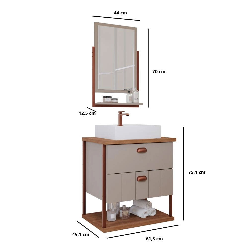 Conjunto Gabinete para Banheiro Uni com Espelheira 60cm Cappuccino/freijo Mgm