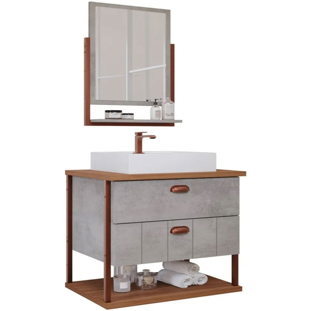 Conjunto Gabinete para Banheiro Uni com Espelheira 60cm Cimento/freijo Mgm