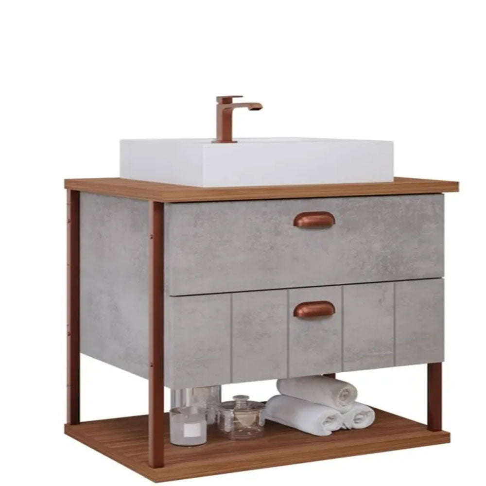 Conjunto Gabinete para Banheiro Uni com Espelheira 60cm Cimento/freijo Mgm