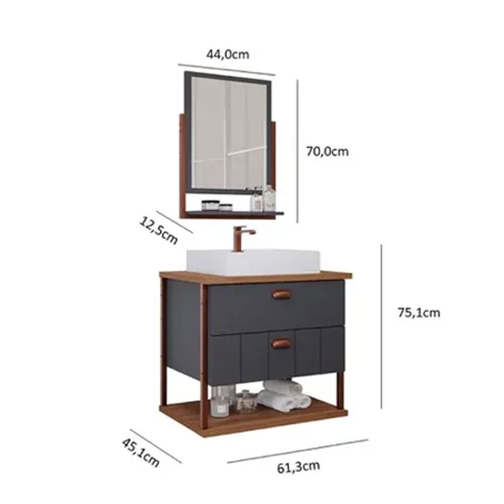 Conjunto Gabinete para Banheiro Uni com Espelheira 60cm Cimento/freijo Mgm