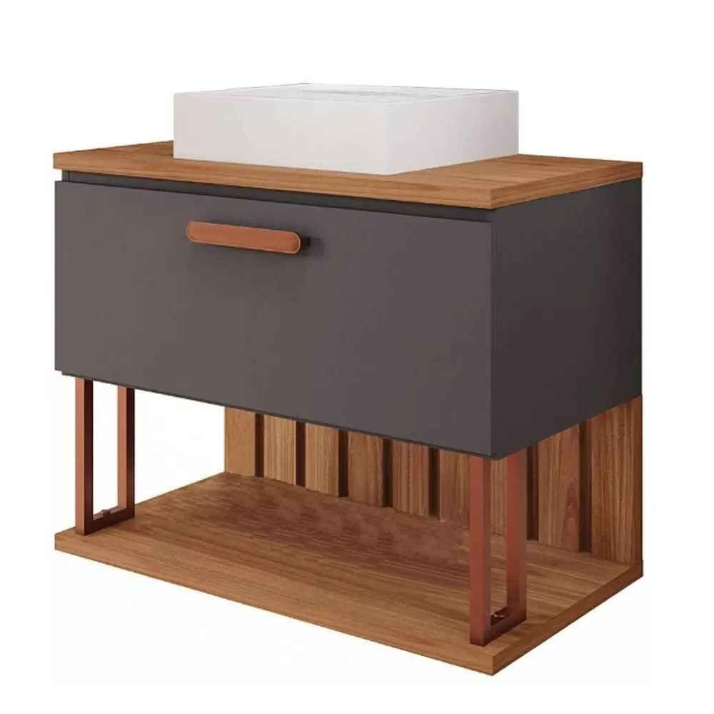 Armário Gabinete para Banheiro com Cuba Duna em Mdf 60cm Titanium/freijo Mgm