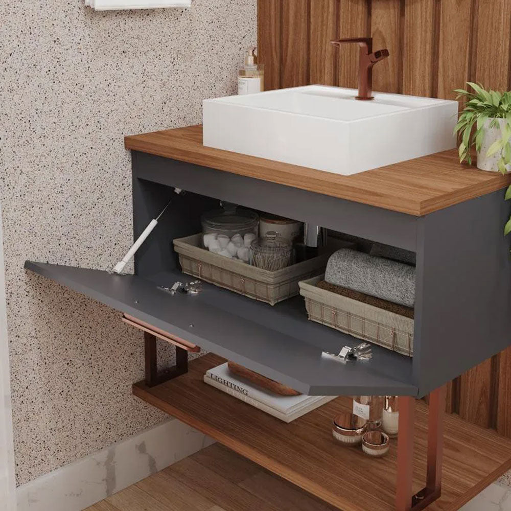 Armário Gabinete para Banheiro com Cuba Duna em Mdf 60cm Titanium/freijo Mgm