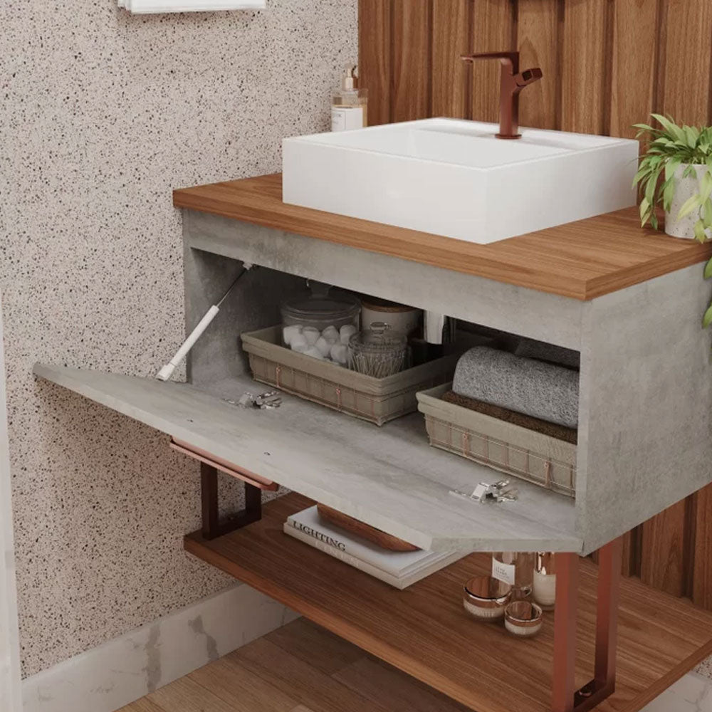 Armário Gabinete para Banheiro com Cuba Duna em Mdf 60cm Cimento/freijo Mgm
