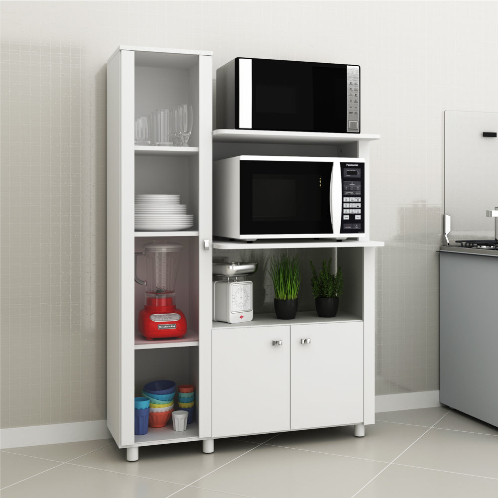 Armário Cozinha Multiuso com Portas e Prateleiras Balcão de Madeira Branco com Nicho para Microondas Tecnomobili