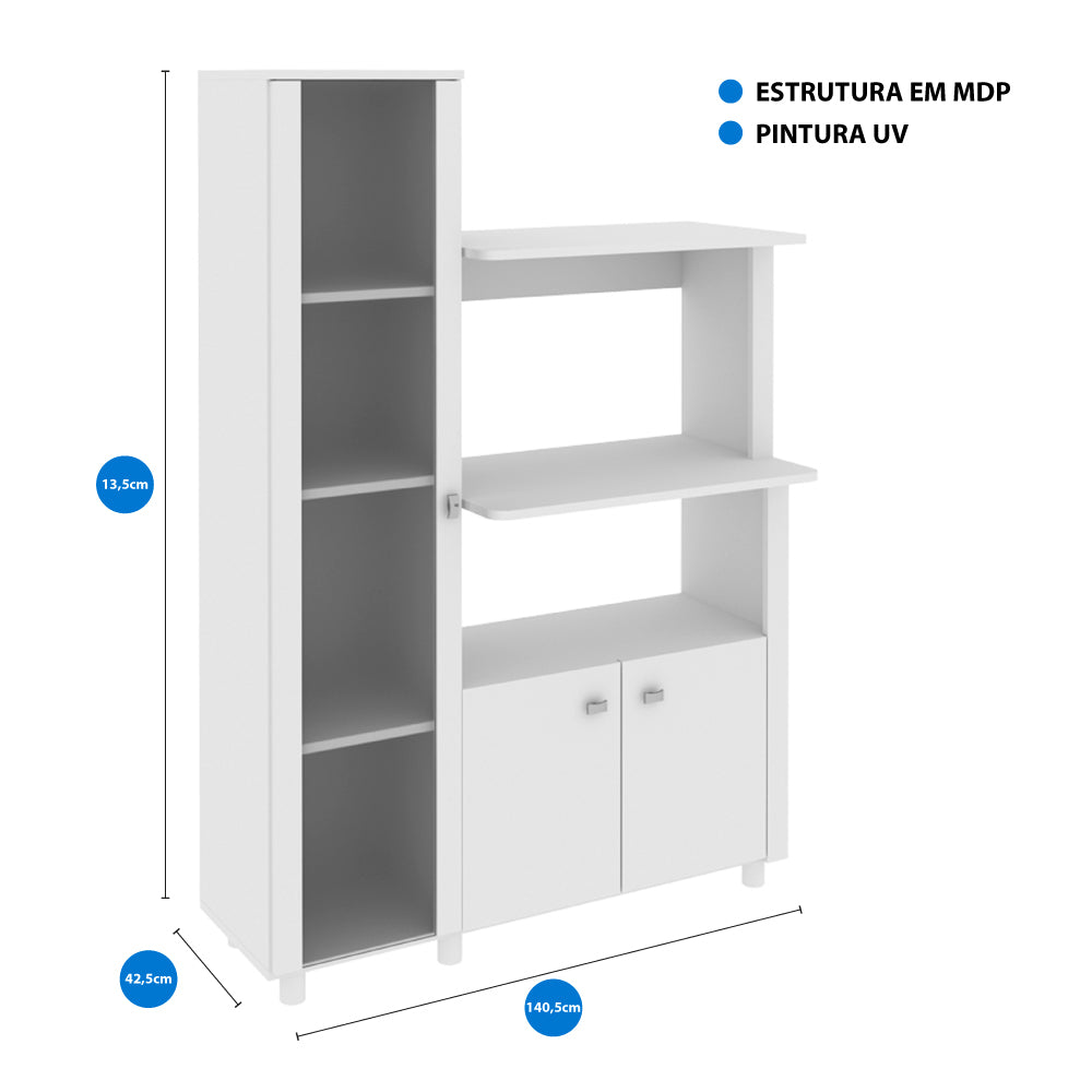 Armário Cozinha Multiuso com Portas e Prateleiras Balcão de Madeira Branco com Nicho para Microondas Tecnomobili