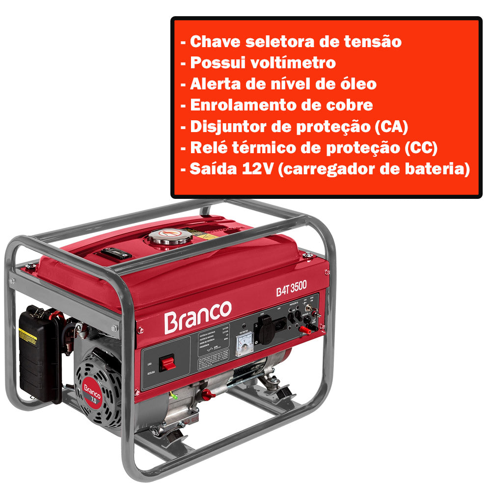 Gerador de Energia à Gasolina Branco B4T-3500 3,5Kva Monofásico com tecnologia AVR 110V/220V