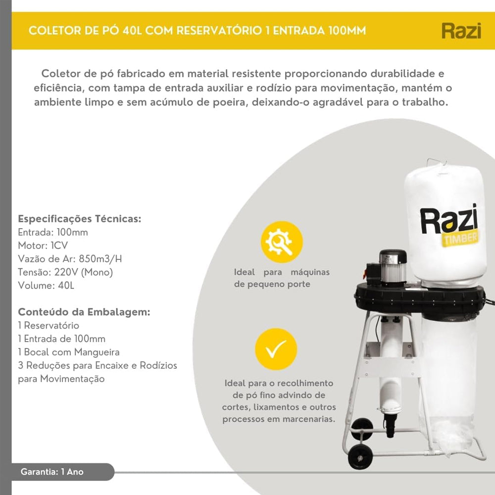 Coletor de Pó Monofásico 1 Entrada 40L Com Reservatório 220v 1cv Razi RZC-CPE1MB