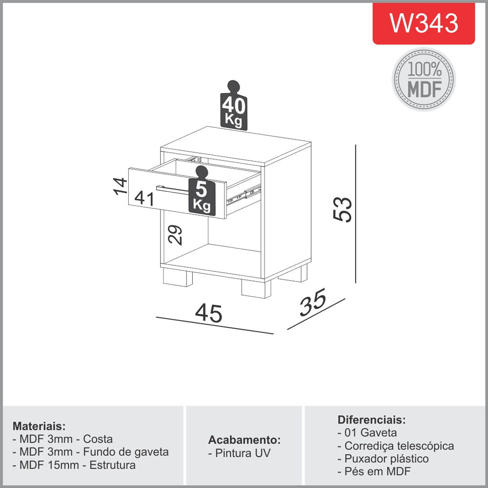 MESA DE CABECEIRA 1 GAVETA MDF FREIJO OFF WHITE BRILHANTE DALLA COSTA