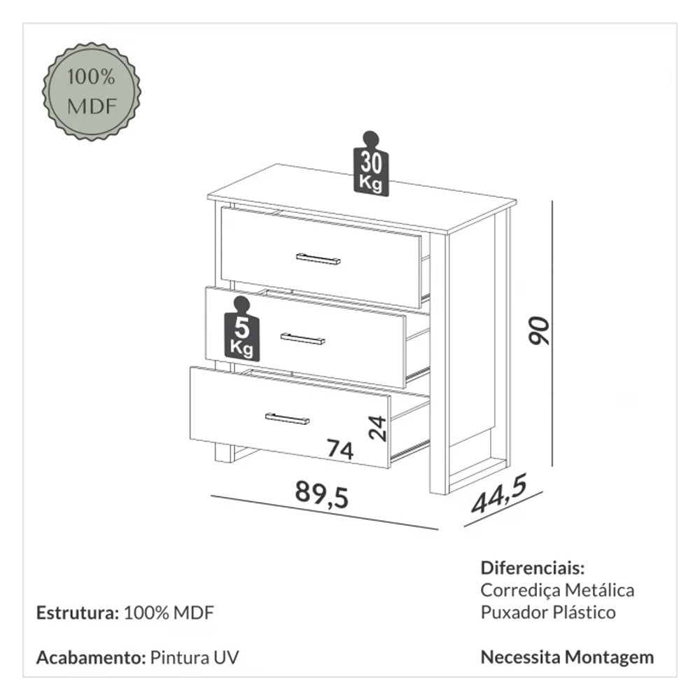 Cômoda Industrial 3 Gavetas Freijo/preto Fosco F38 Dalla Costa