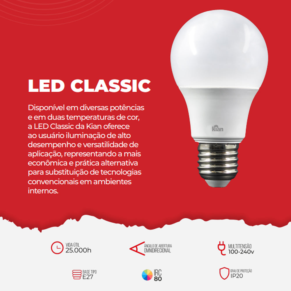 KIT COM 5 LÂMPADAS LED GLOBE A-60 6,0W E-27 6.5K BIVOLT KIAN