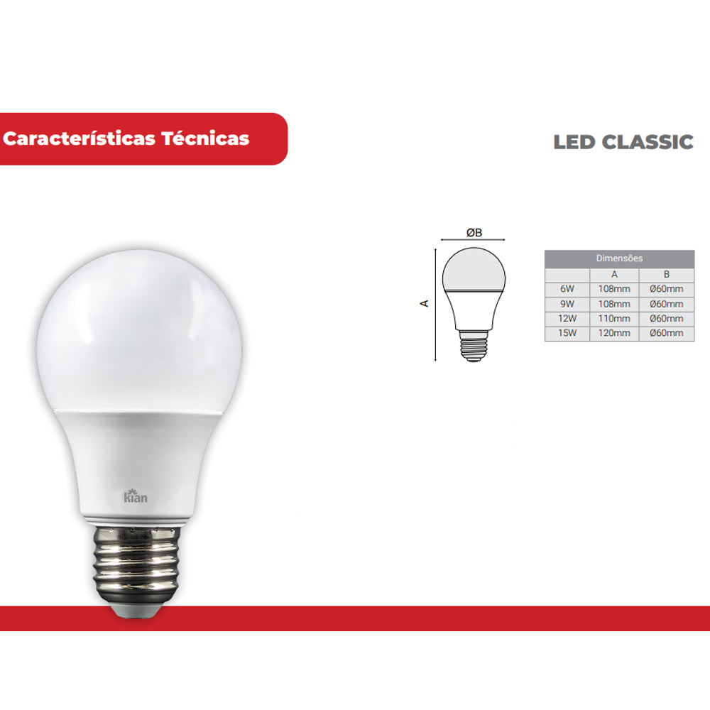 KIT COM 5 LÂMPADAS LED GLOBE A-60 6,0W E-27 6.5K BIVOLT KIAN