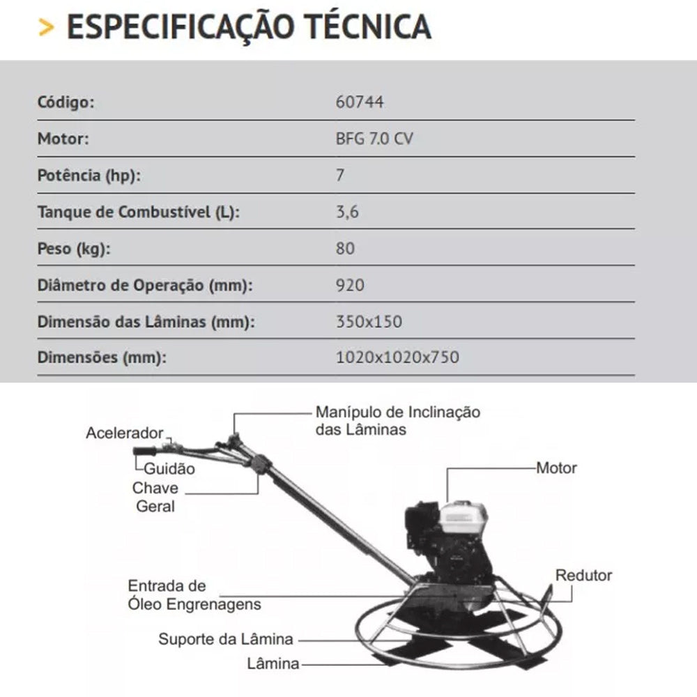Alisadora de Piso Concreto Buffalo BFG 100 Motor 4T 7CV 3600 RPM à Gasolina Refigerado a Ar