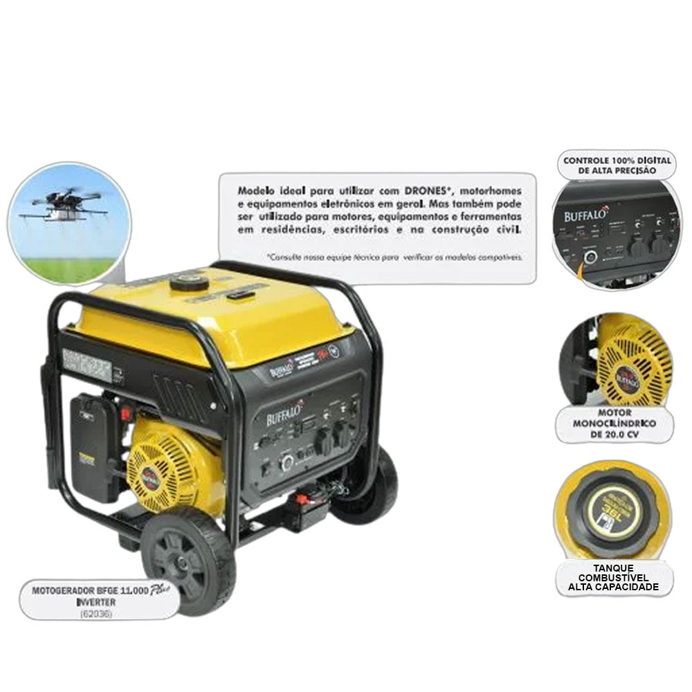 Gerador a Gasolina Inverter Buffalo Bfge 11000 11 Kva para Drone Partida Elétrica 220v