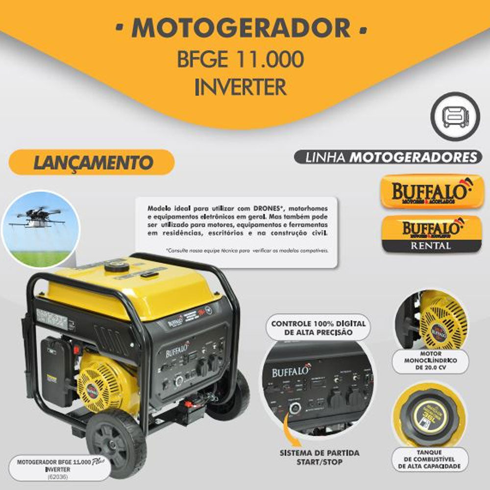 Gerador a Gasolina Inverter Buffalo Bfge 11000 11 Kva para Drone Partida Elétrica 220v