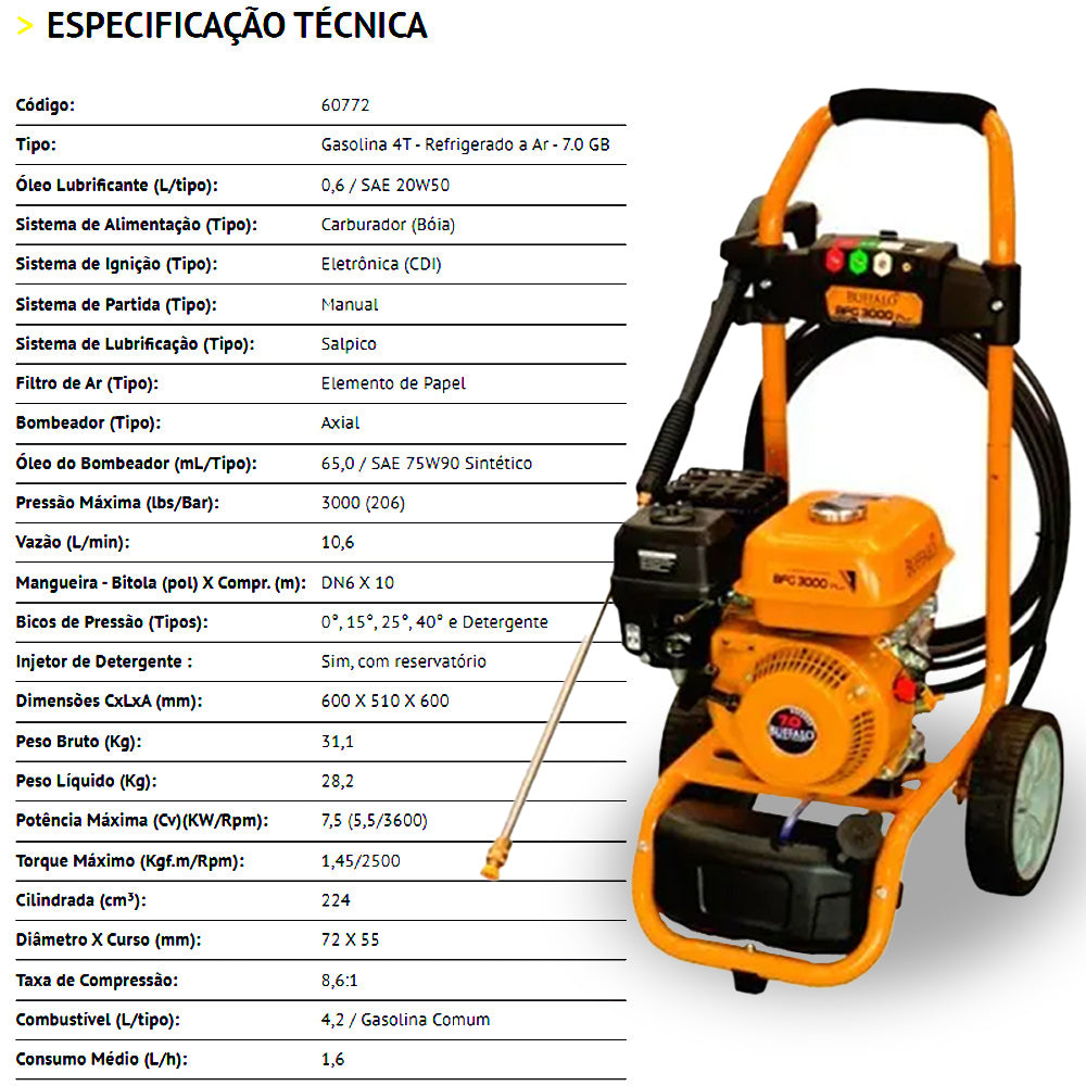 Lavadora de Alta Pressão a Gasolina Hidrolavadora BFG4T 7.0 HP Buffalo BFG3000