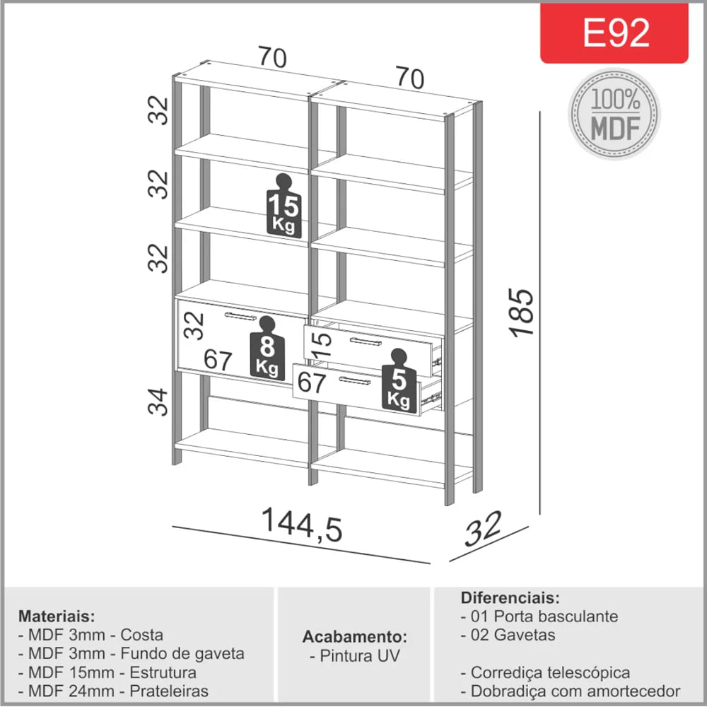 ESTANTE 10 PRATELEIRAS 2 GAVETAS 1 PORTA FREIJÓ/PRETO FOSCO E92 DALLA COSTA