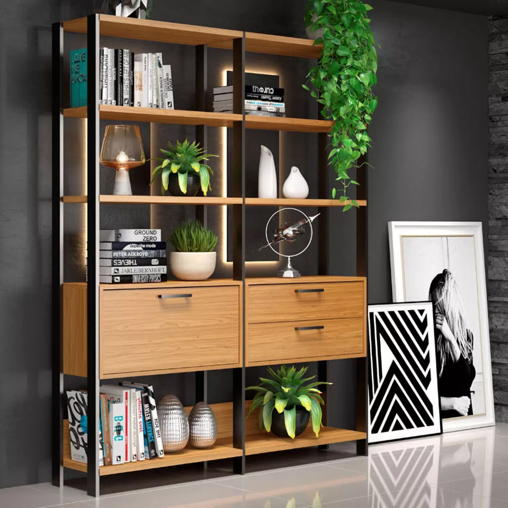 ESTANTE 10 PRATELEIRAS 2 GAVETAS 1 PORTA FREIJÓ/PRETO FOSCO E92 DALLA COSTA