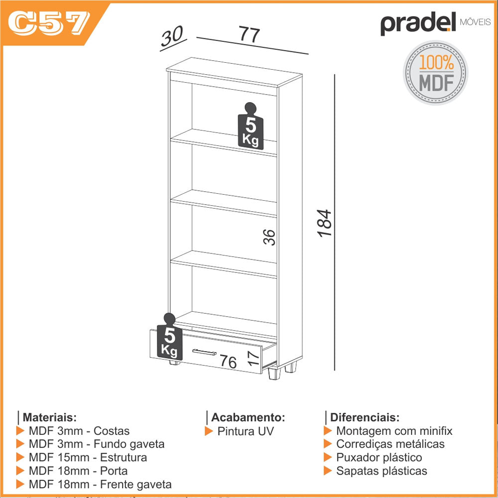 ESTANTE DECORATIVA PARA LIVROS COM 1 GAVETA 4 PRATELEIRAS FREIJO PRADEL