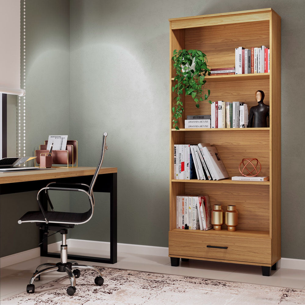 ESTANTE DECORATIVA PARA LIVROS COM 1 GAVETA 4 PRATELEIRAS FREIJO PRADEL