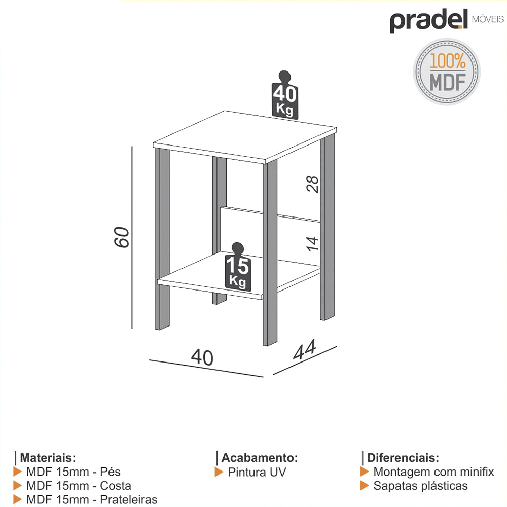 Mesa Auxiliar Escritório Industrial 40x44cm Freijo Preto Fosco Pradel