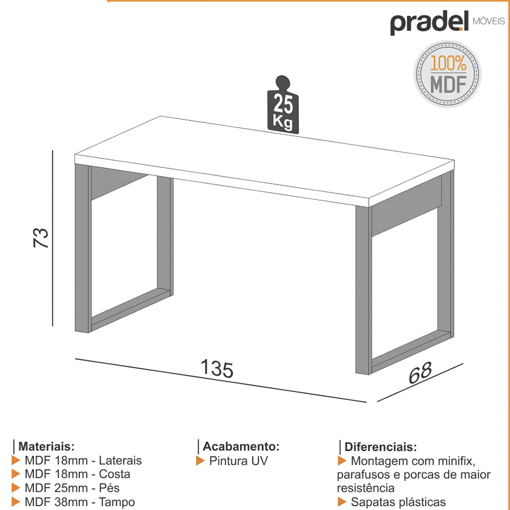 Mesa Escritorio Industrial 1,35x68cm Freijo Preto Fosco Pradel