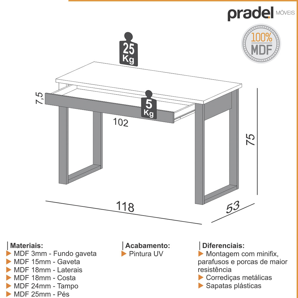 Mesa Escritorio com Gaveta Industrial 1,18x53cm Freijo Preto Fosco Pradel