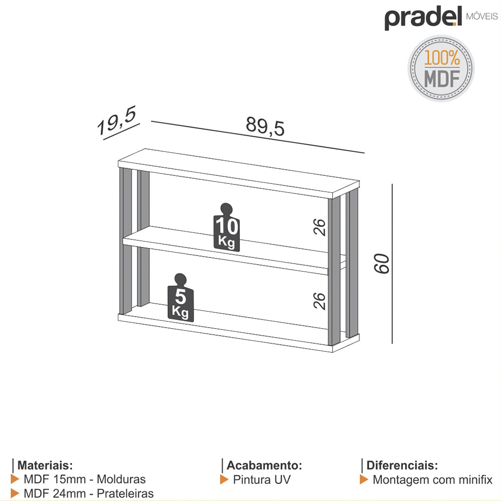 NICHO ESTANTE COM 3 PRATELEIRAS INDUSTRIAL 89,5X60CM FREIJO PRETO FOSCO PRADEL