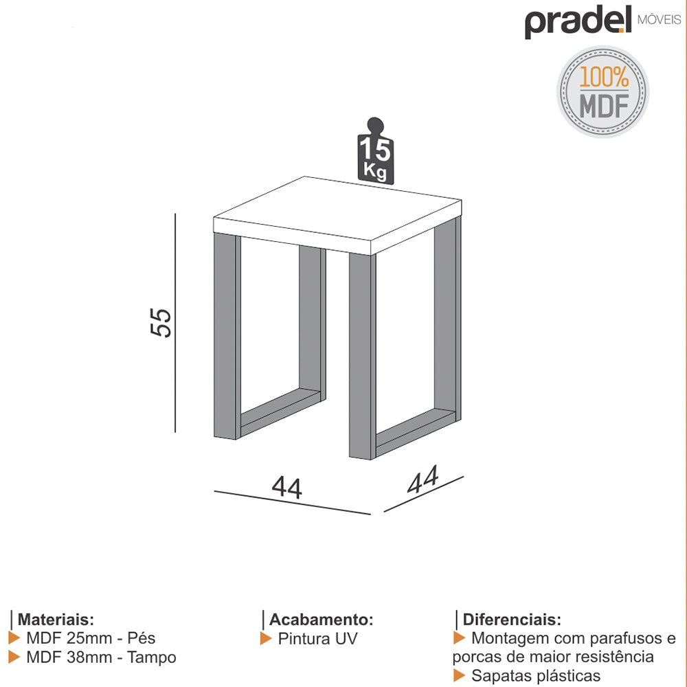 Mesa de Canto Mdf Industrial 44x44cm Freijo Preto Fosco Pradel