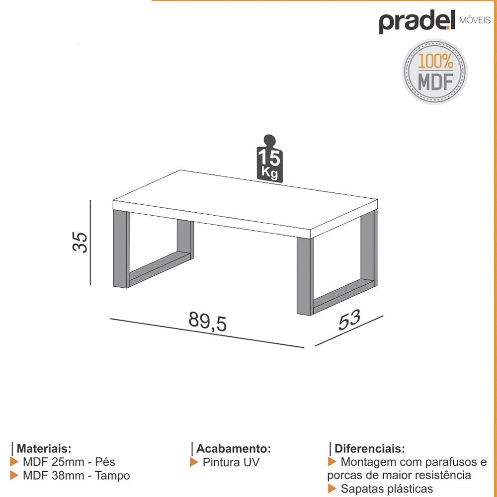 Mesa de Centro Industrial Mdf 89,5x53cm Freijo Preto Fosco Pradel