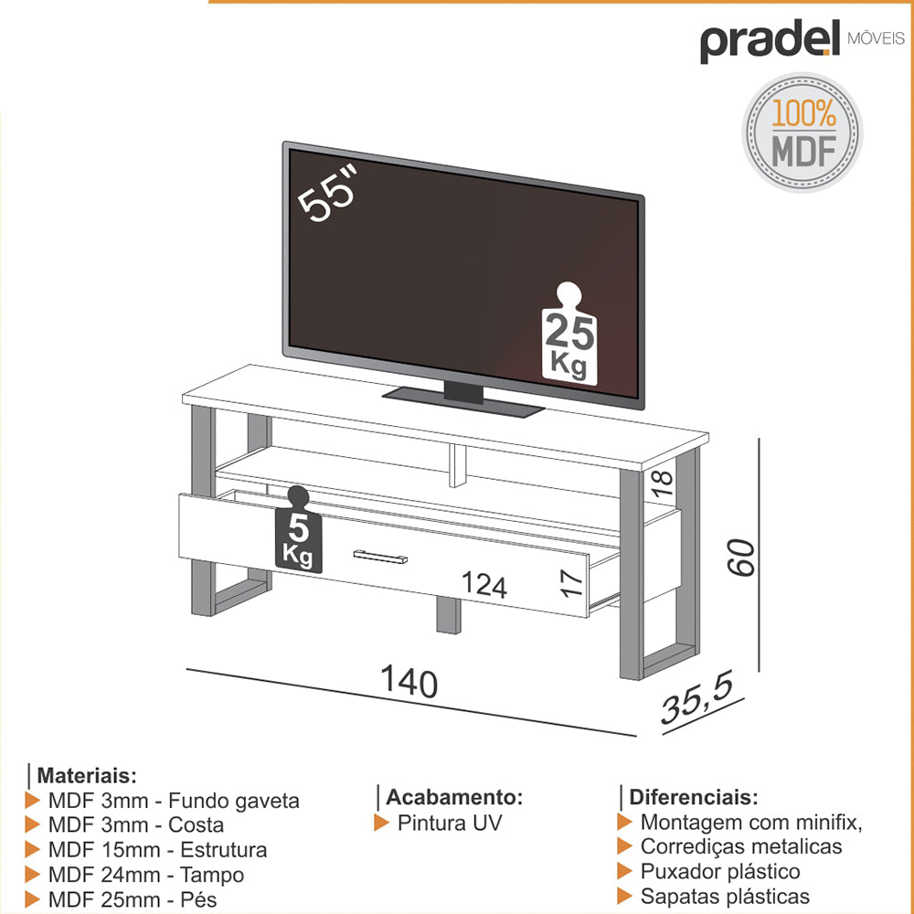 RACK INDUSTRIAL 140CM COM 1 GAVETA  FREIJO PRETO FOSCO PRADEL