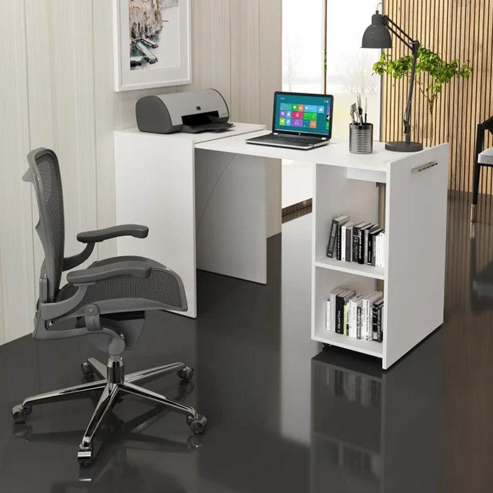 Mesa Escritório Escrivaninha Retrátil Para Computador Com Prateleiras Tecnomobili Cor Branca
