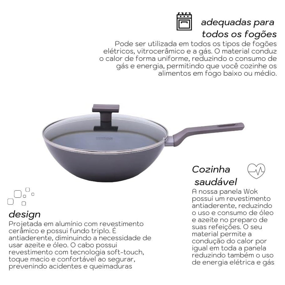 Panela Wok Frigideira Antiaderente Fundo Triplo Com Tampa 28cm Indução 1,2L Sartin Cook Grafite