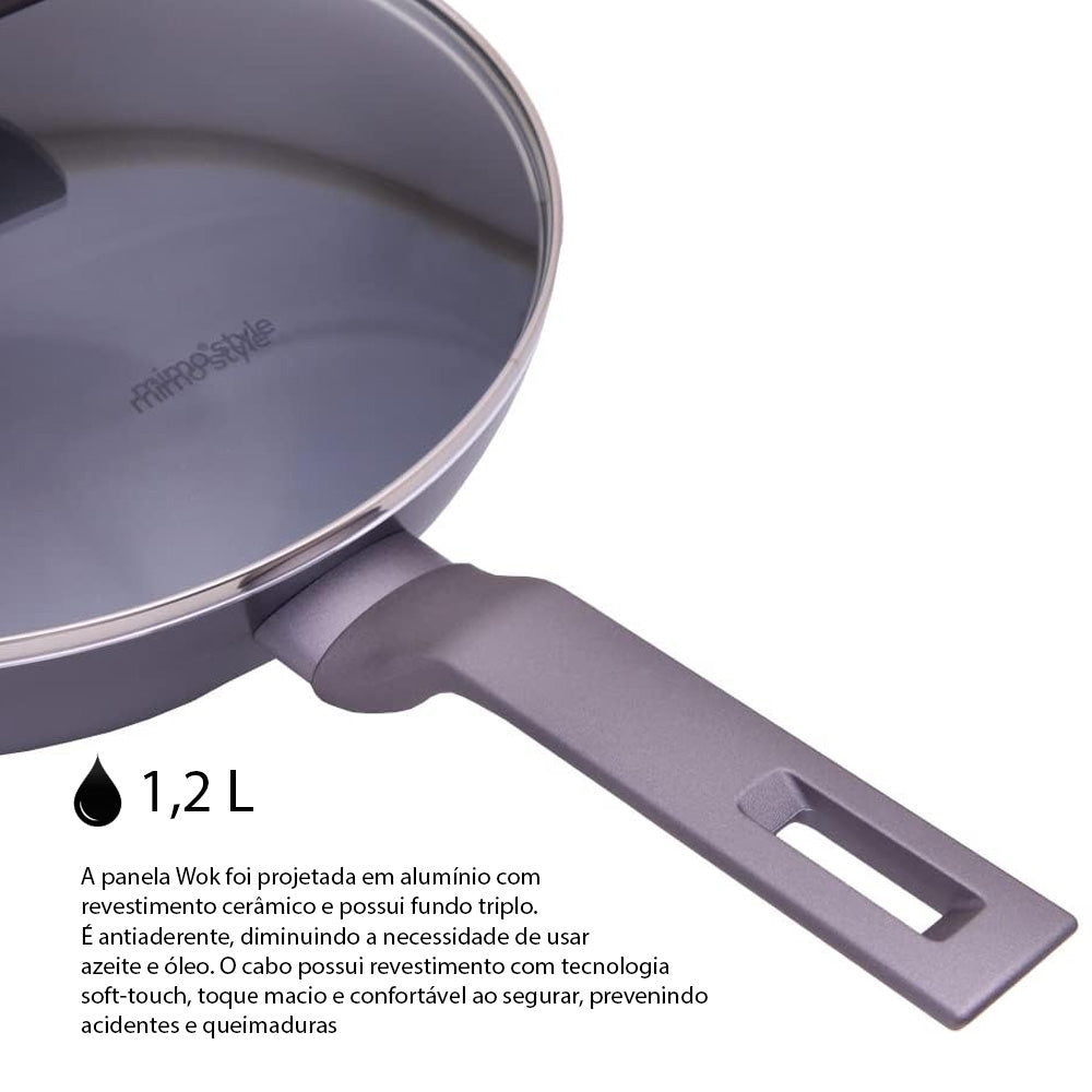 Panela Wok Frigideira Antiaderente Fundo Triplo Com Tampa 28cm Indução 1,2L Sartin Cook Grafite