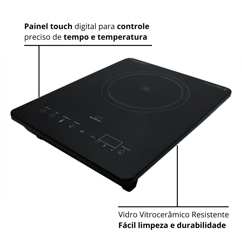 Cooktop de Indução Elétrico Portátil 1 Boca Smart Touch 8 Níveis de Temperatura Mimo Style